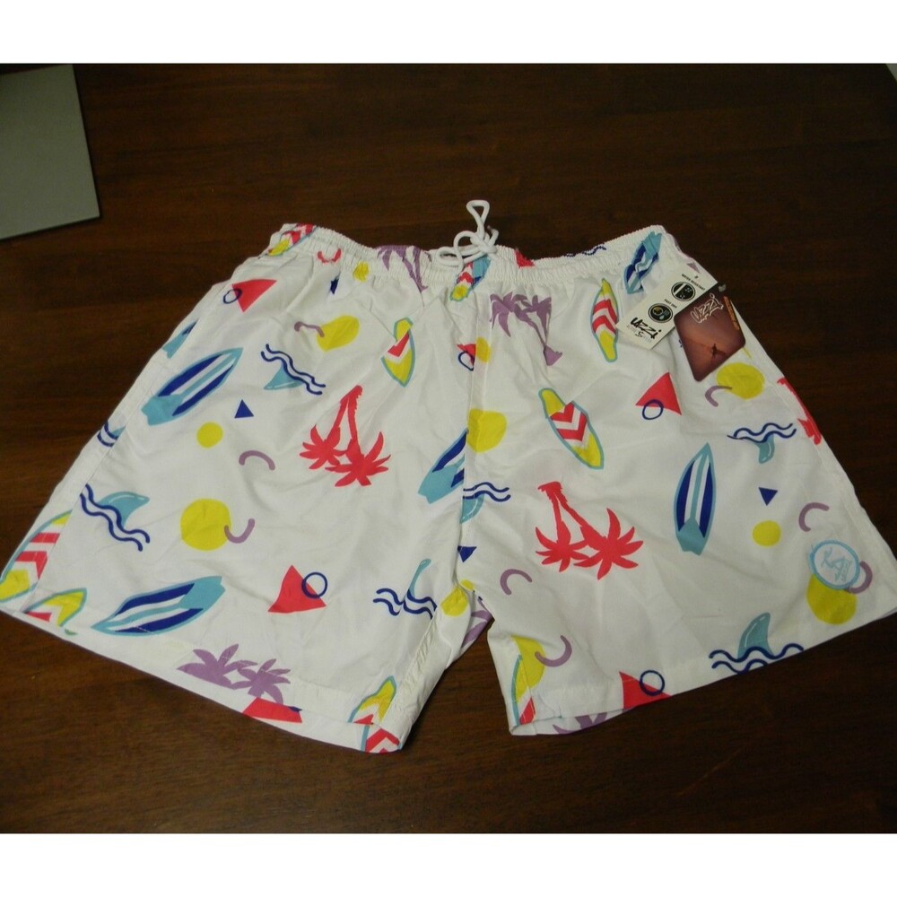 Uzzi Men's Swim Suit Trunks White Blue Neon Pink Retro Pattern Size XL NWT
